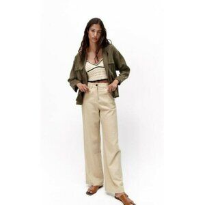 Zara Outerwear Ruffle Detail Shirt Jacket Olive  92% viscose